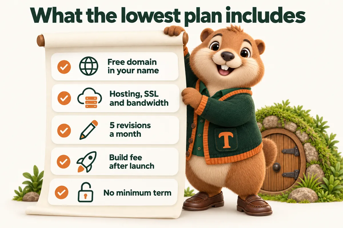 What the lowest plan includes: Free domain in your name; Hosting, SSL and bandwidth; 5 revisions a month; Build fee after launch; No minimum term. Infographic with Toffee, the studio mascot.