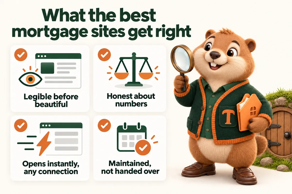 What the best mortgage sites get right: Legible before beautiful; Honest about numbers; Opens instantly, any connection; Maintained, not handed over. Infographic with Toffee, the studio mascot.