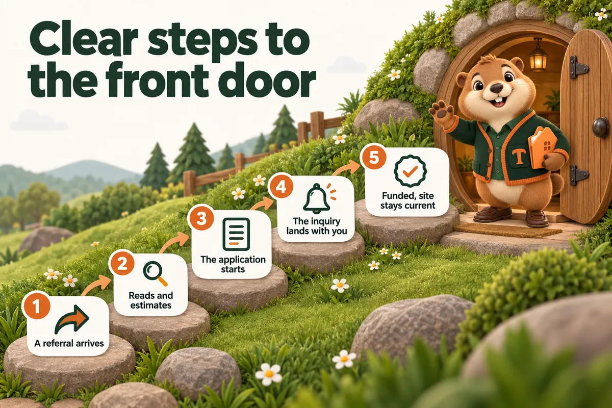 Clear steps to the front door: A referral arrives; Reads and estimates; The application starts; The inquiry lands with you; Funded, site stays current. Infographic with Toffee, the studio mascot.
