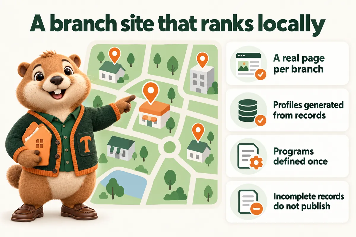 A branch site that ranks locally: A real page per branch; Profiles generated from records; Programs defined once; Incomplete records do not publish. Infographic with Toffee, the studio mascot.