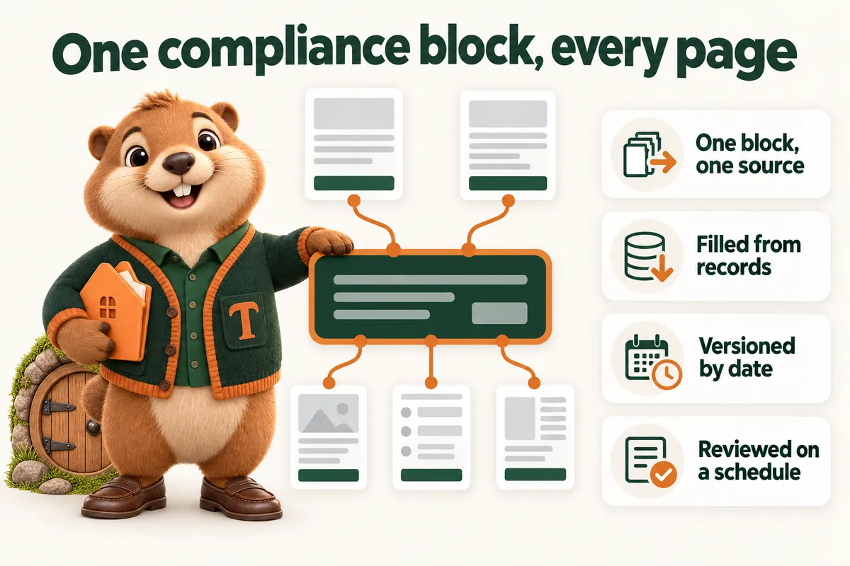 One compliance block, every page: One block, one source; Filled from records; Versioned by date; Reviewed on a schedule. Infographic with Toffee, the studio mascot.