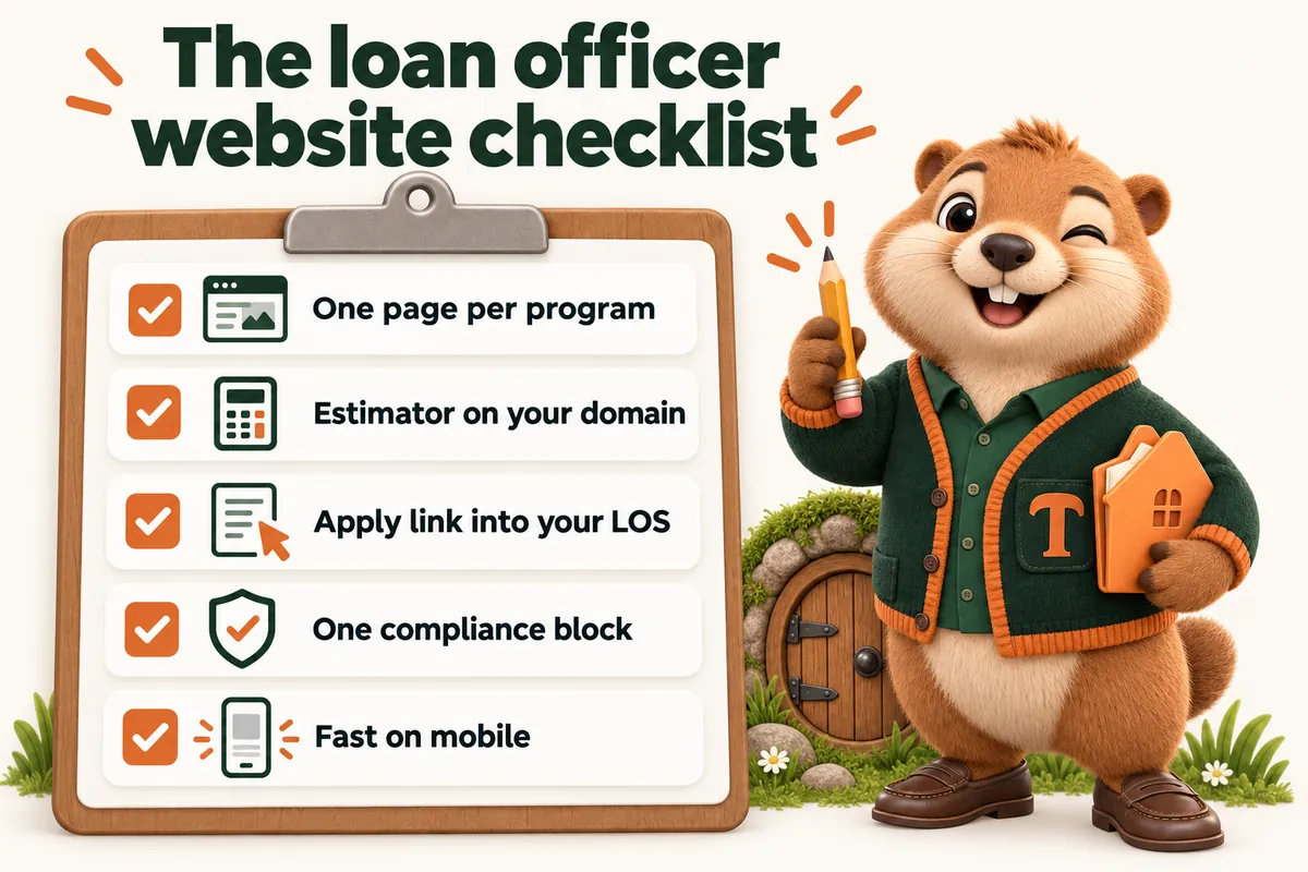 The loan officer website checklist: One page per program; Estimator on your domain; Apply link into your LOS; One compliance block; Fast on mobile. Infographic with Toffee, the studio mascot.