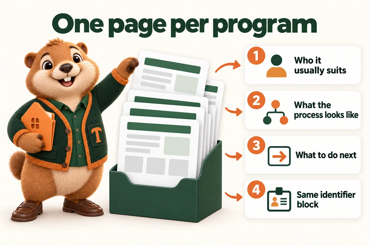 One page per program: Who it usually suits; What the process looks like; What to do next; Same identifier block. Infographic with Toffee, the studio mascot.