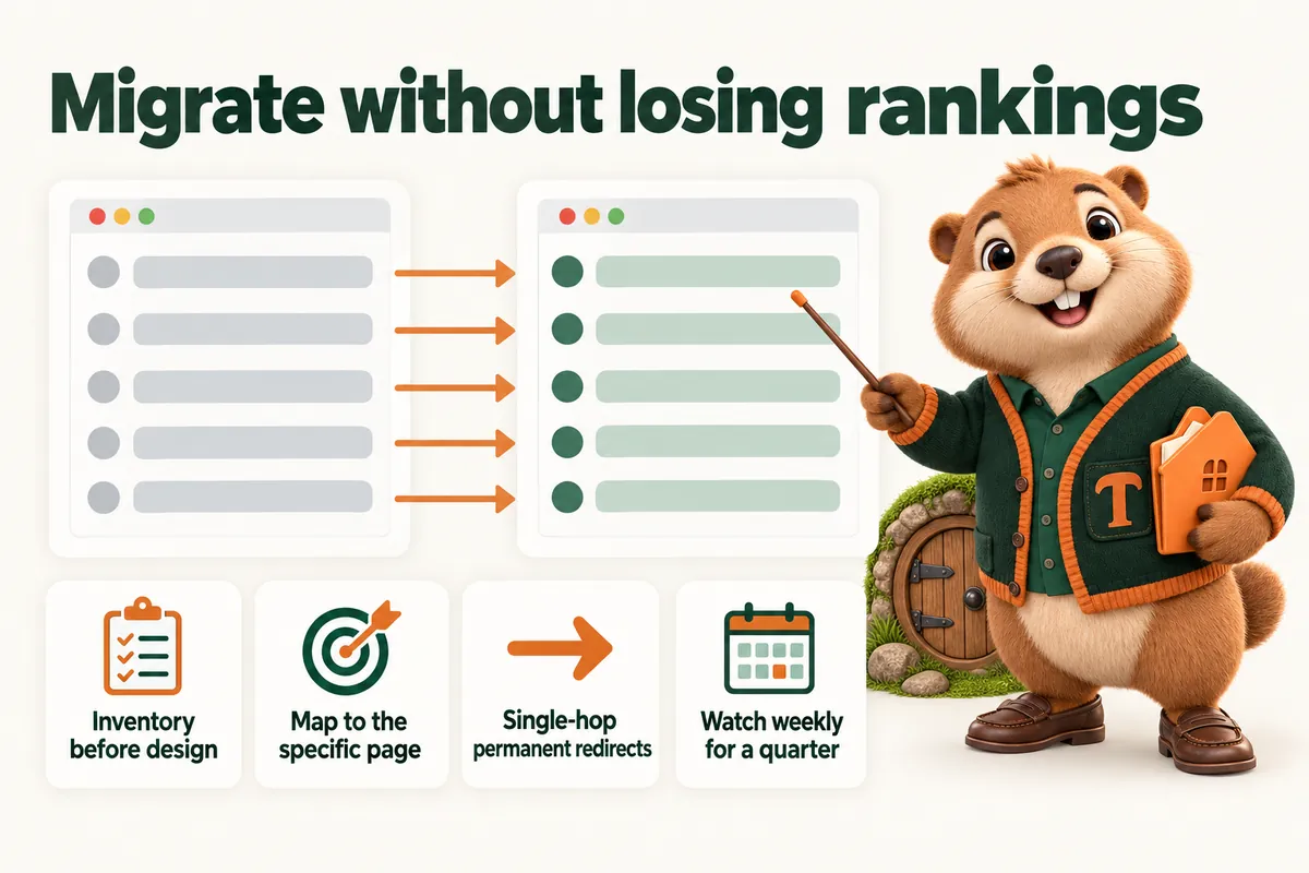 Migrate without losing rankings: Inventory before design; Map to the specific page; Single-hop permanent redirects; Watch weekly for a quarter. Infographic with Toffee, the studio mascot.