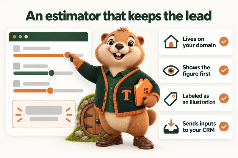 An estimator that keeps the lead: Lives on your domain; Shows the figure first; Labeled as an illustration; Sends inputs to your CRM. Infographic with Toffee, the studio mascot.