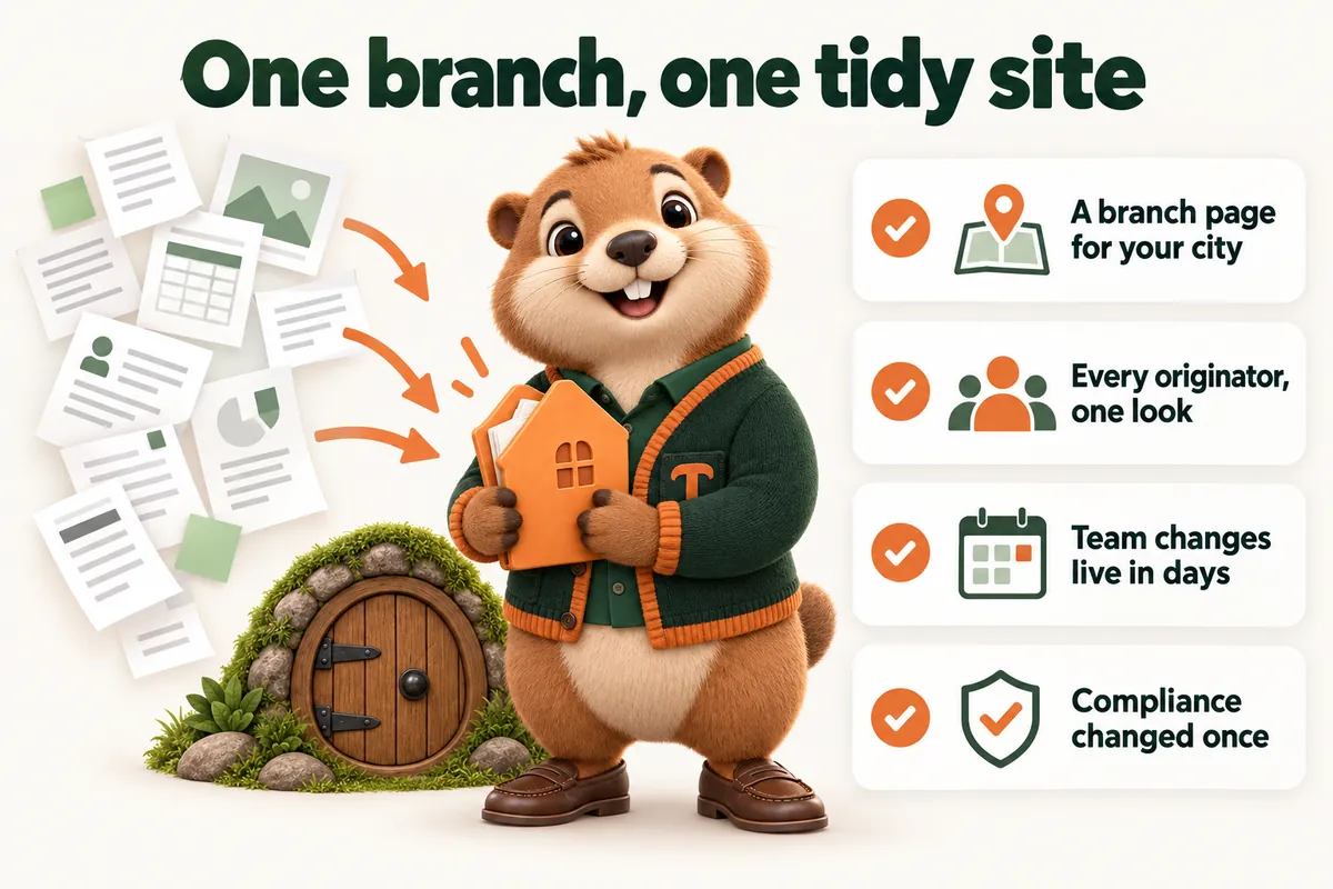 One branch, one tidy site: A branch page for your city; Every originator, one look; Team changes live in days; Compliance changed once. Infographic with Toffee, the studio mascot.