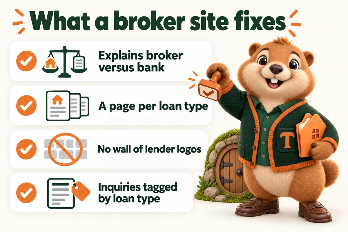 What a broker site fixes: Explains broker versus bank; A page per loan type; No wall of lender logos; Inquiries tagged by loan type. Infographic with Toffee, the studio mascot.