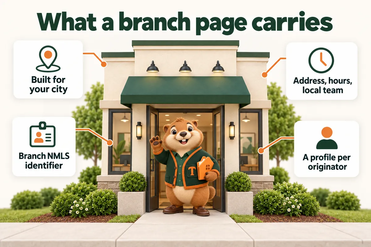What a branch page carries: Built for your city; Address, hours, local team; Branch NMLS identifier; A profile per originator. Infographic with Toffee, the studio mascot.