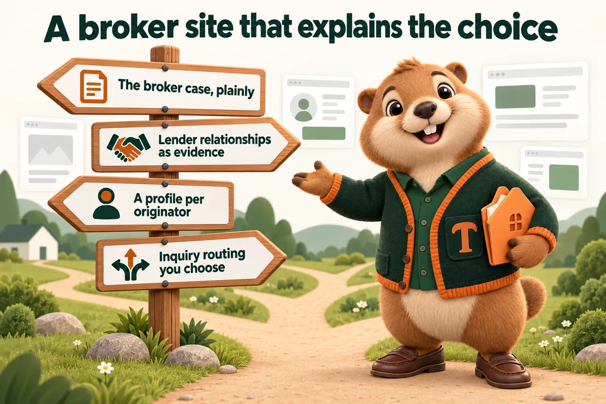 A broker site that explains the choice: The broker case, plainly; Lender relationships as evidence; A profile per originator; Inquiry routing you choose. Infographic with Toffee, the studio mascot.