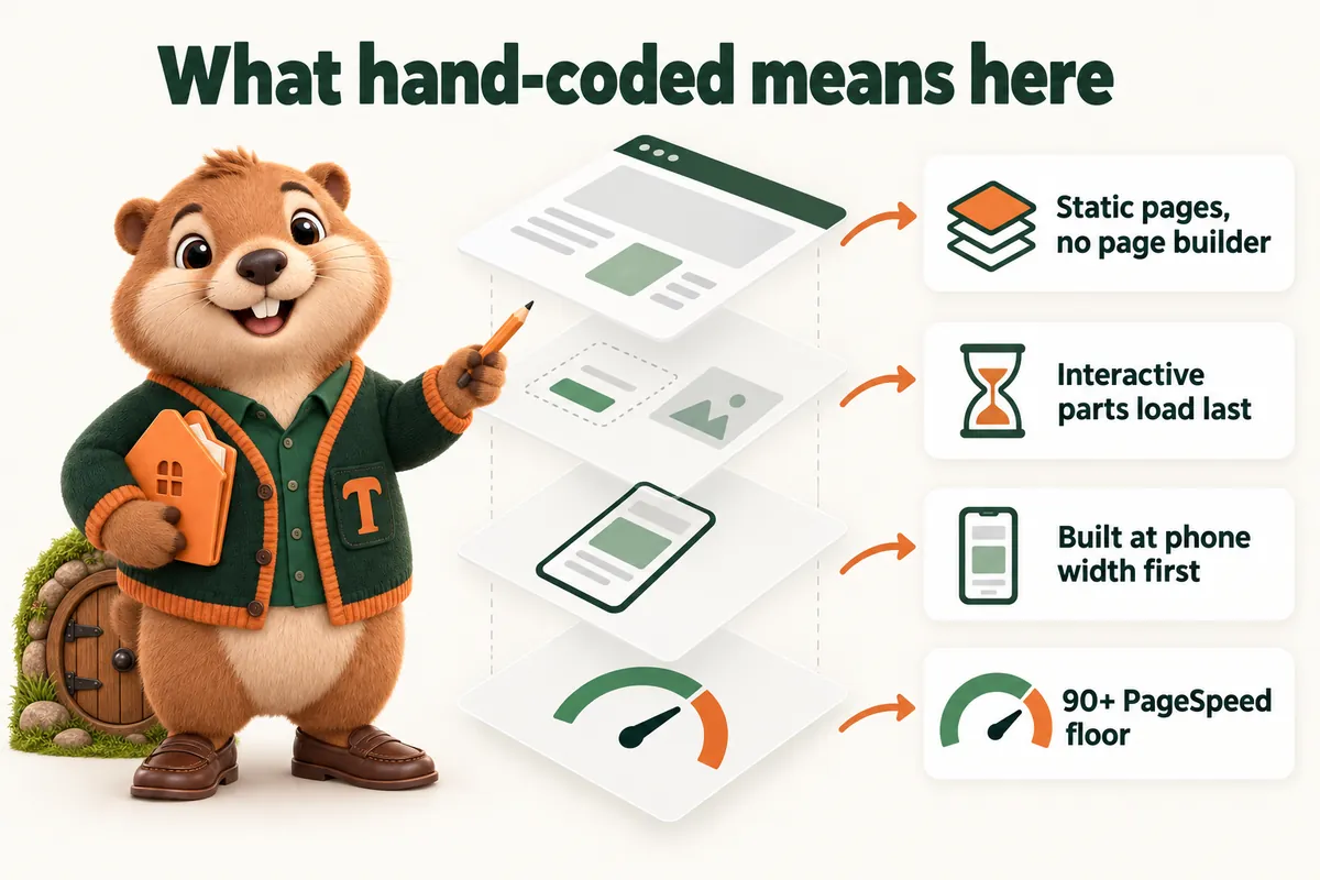 What hand-coded means here: Static pages, no page builder; Interactive parts load last; Built at phone width first; 90+ PageSpeed floor. Infographic with Toffee, the studio mascot.