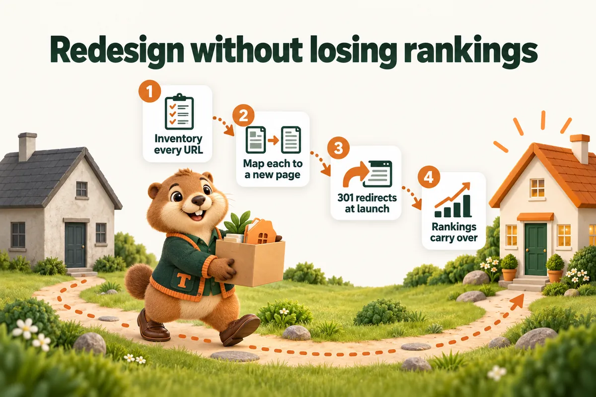 Redesign without losing rankings: Inventory every URL; Map each to a new page; 301 redirects at launch; Rankings carry over. Infographic with Toffee, the studio mascot.