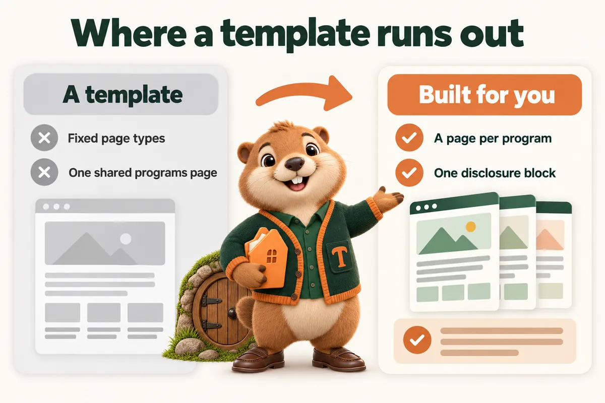 Where a template runs out: A template; Fixed page types; One shared programs page; Built for you; A page per program; One disclosure block. Infographic with Toffee, the studio mascot.