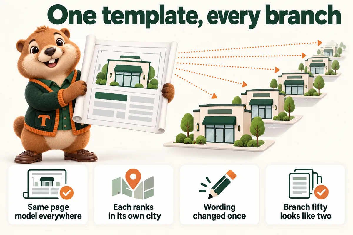One template, every branch: Same page model everywhere; Each ranks in its own city; Wording changed once; Branch fifty looks like two. Infographic with Toffee, the studio mascot.