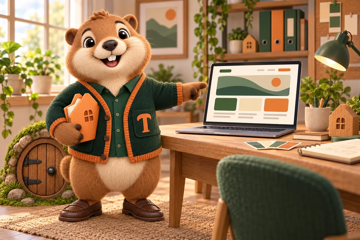 Toffee, the MortgageWebStudio marmot mascot, pointing at a laptop showing a website layout in a bright design studio