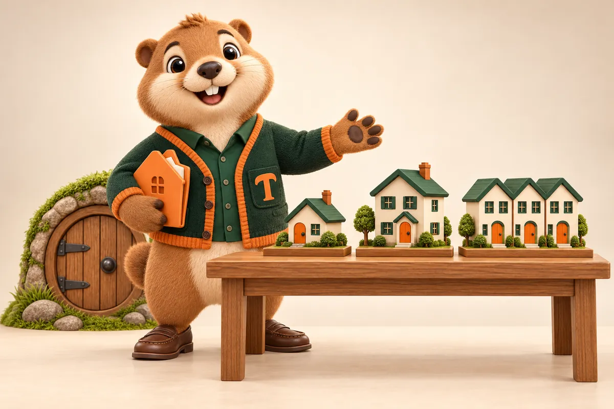Toffee, the MortgageWebStudio marmot mascot, presenting three model houses of growing size on a table