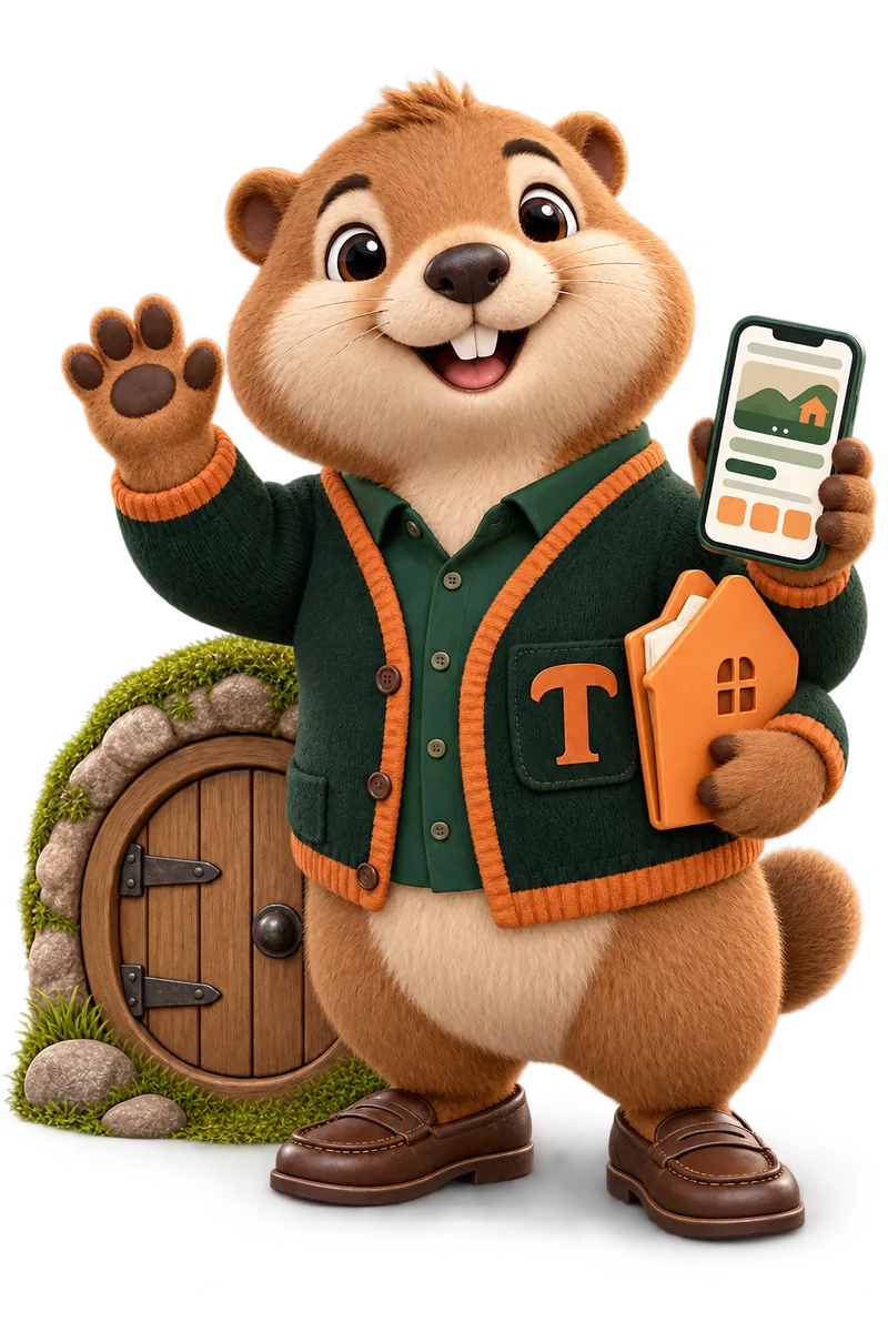Toffee, the MortgageWebStudio marmot mascot, waving hello beside her little round burrow door and holding up a phone that shows a website