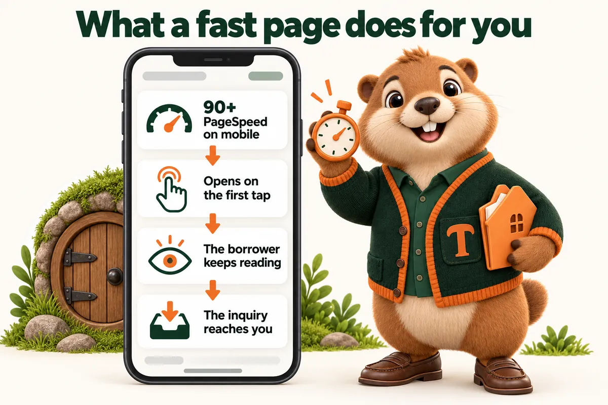 What a fast page does for you: 90+ PageSpeed on mobile; Opens on the first tap; The borrower keeps reading; The inquiry reaches you. Infographic with Toffee, the studio mascot.