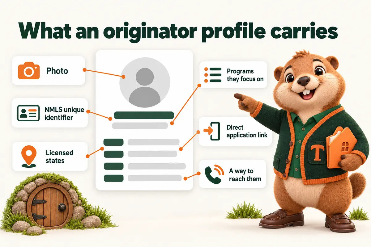 What an originator profile carries: Photo; NMLS unique identifier; Licensed states; Programs they focus on; Direct application link; A way to reach them. Infographic with Toffee, the studio mascot.