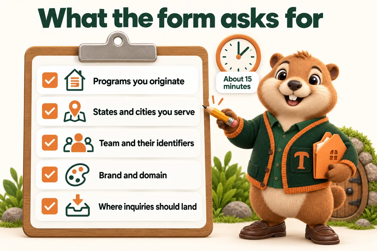 What the form asks for: Programs you originate; States and cities you serve; Team and their identifiers; Brand and domain; Where inquiries should land; About 15 minutes. Infographic with Toffee, the studio mascot.