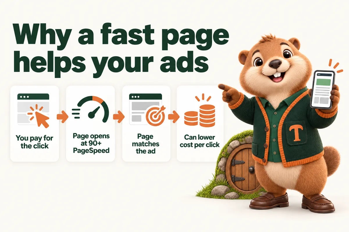 Why a fast page helps your ads: You pay for the click; Page opens at 90+ PageSpeed; Page matches the ad; Can lower cost per click. Infographic with Toffee, the studio mascot.