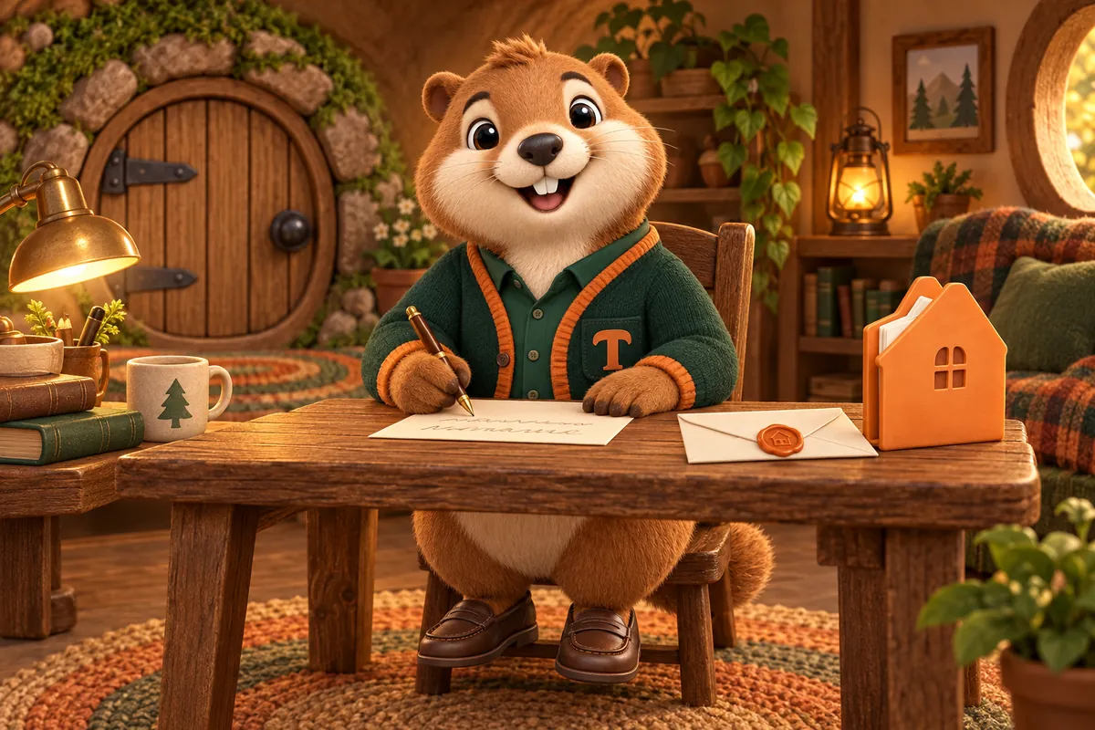 Toffee, the MortgageWebStudio marmot mascot, writing a letter at a small wooden desk next to a sealed envelope